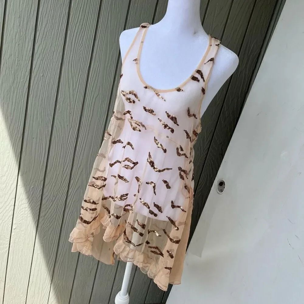 Free People Boho Fairycore Sheer Ruffle Sequin Top, S, Racerback Oversized